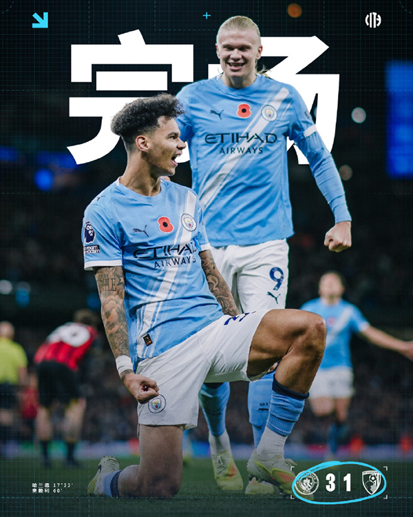 英超-曼城3-1伯恩茅斯 哈兰德单刀双响 谢尔基两助攻
