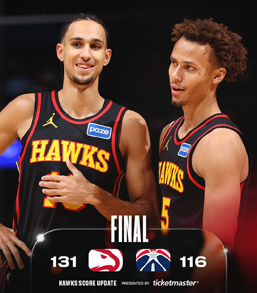 老鹰131-116轻取奇才,约翰逊30+12+12,麦科勒姆空砍28分