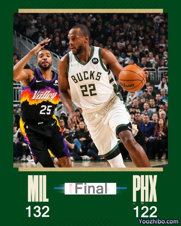 雄鹿132-122力克太阳 米德尔顿44+8 霍勒迪24+9 艾顿30+8