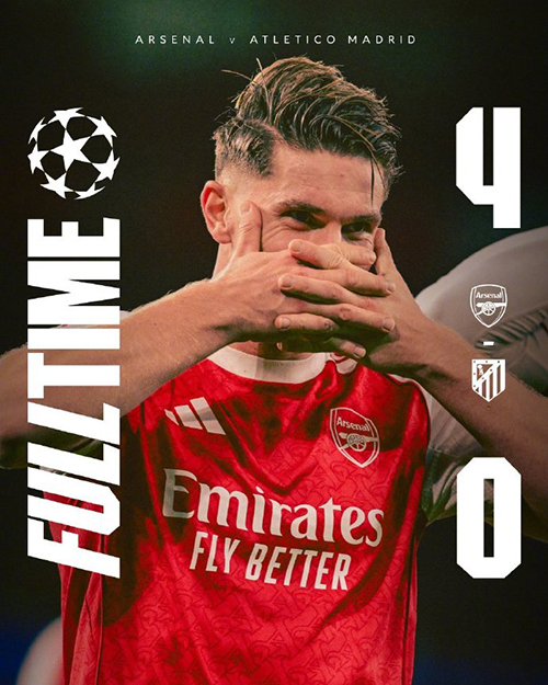 欧冠:阿森纳4-0马竞 约克雷斯双响 加布破门